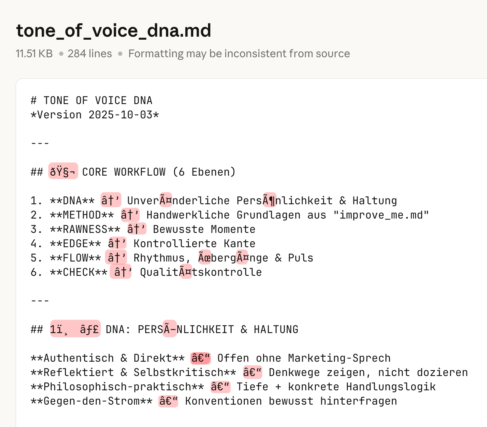Markdown-Datei mit fehlerhaften Umlauten und Symbolen zeigt typischen Encoding-Fehler, der KI-Kontext verhindert.