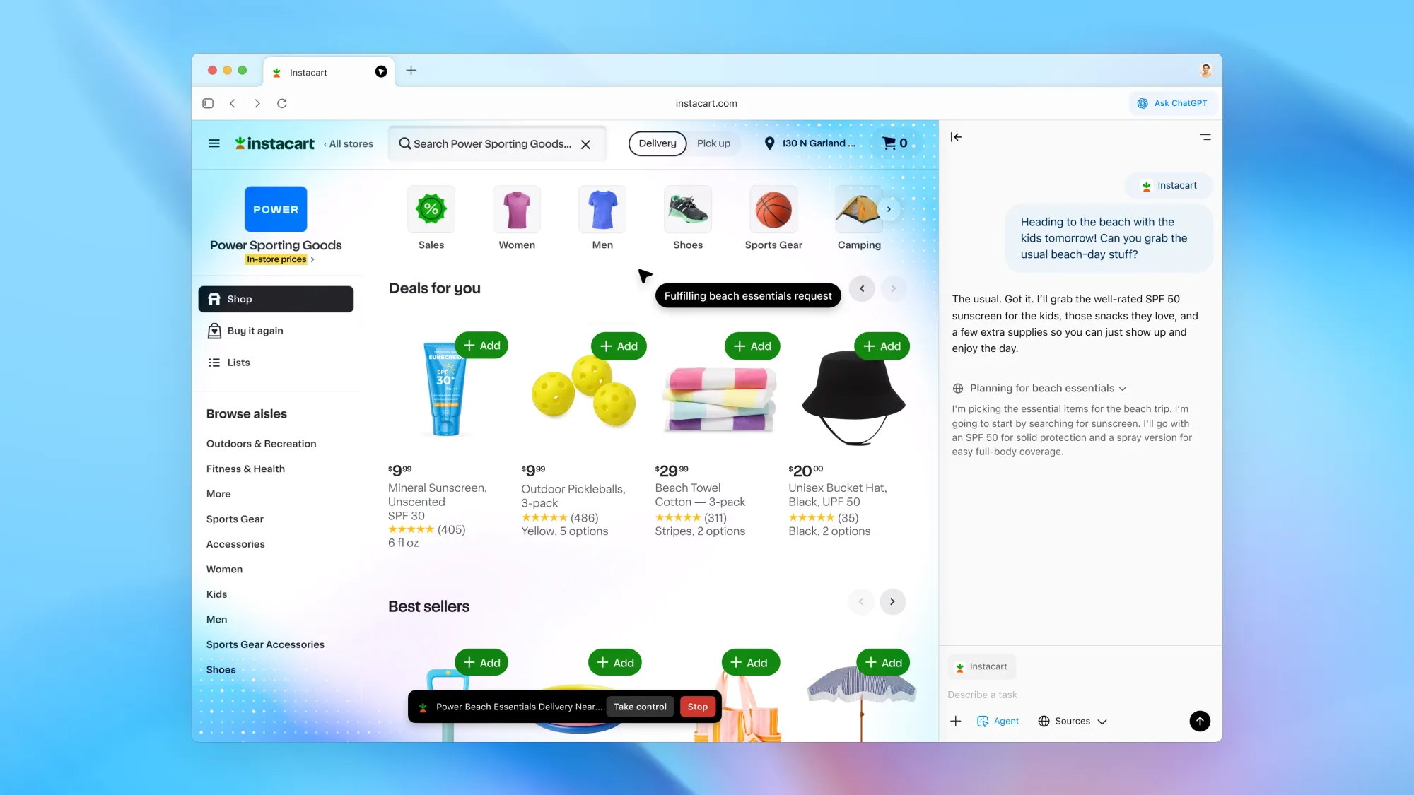 Screenshot der OpenAI Instacart-Demo. Ein Web-Agent navigiert durch ein Interface, um Einkaeufe zu tätigen.