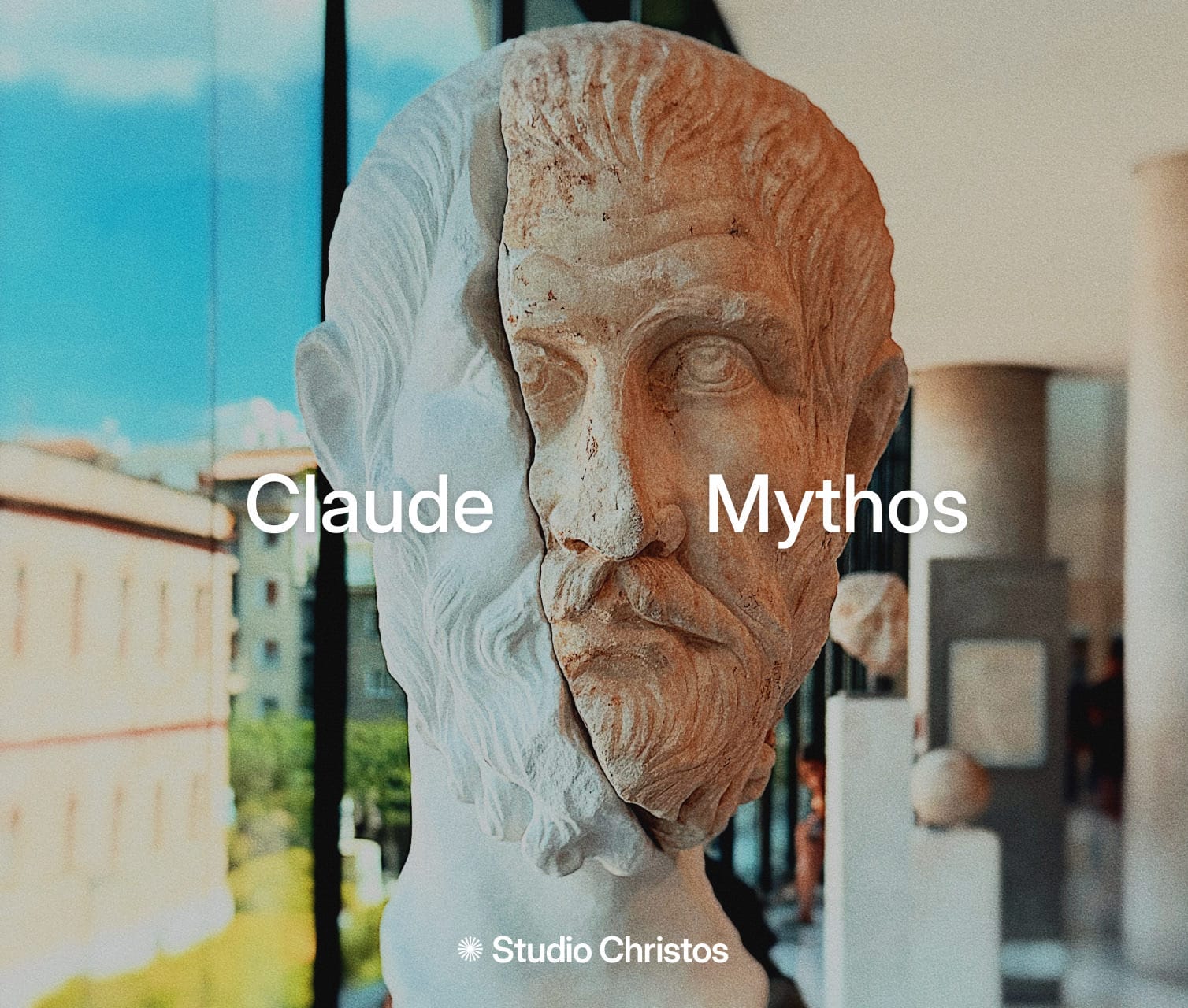 Split sculpture of Anthropic's Claude Mythos, illustrating the tension between AI capabilities and cybersecurity risks.