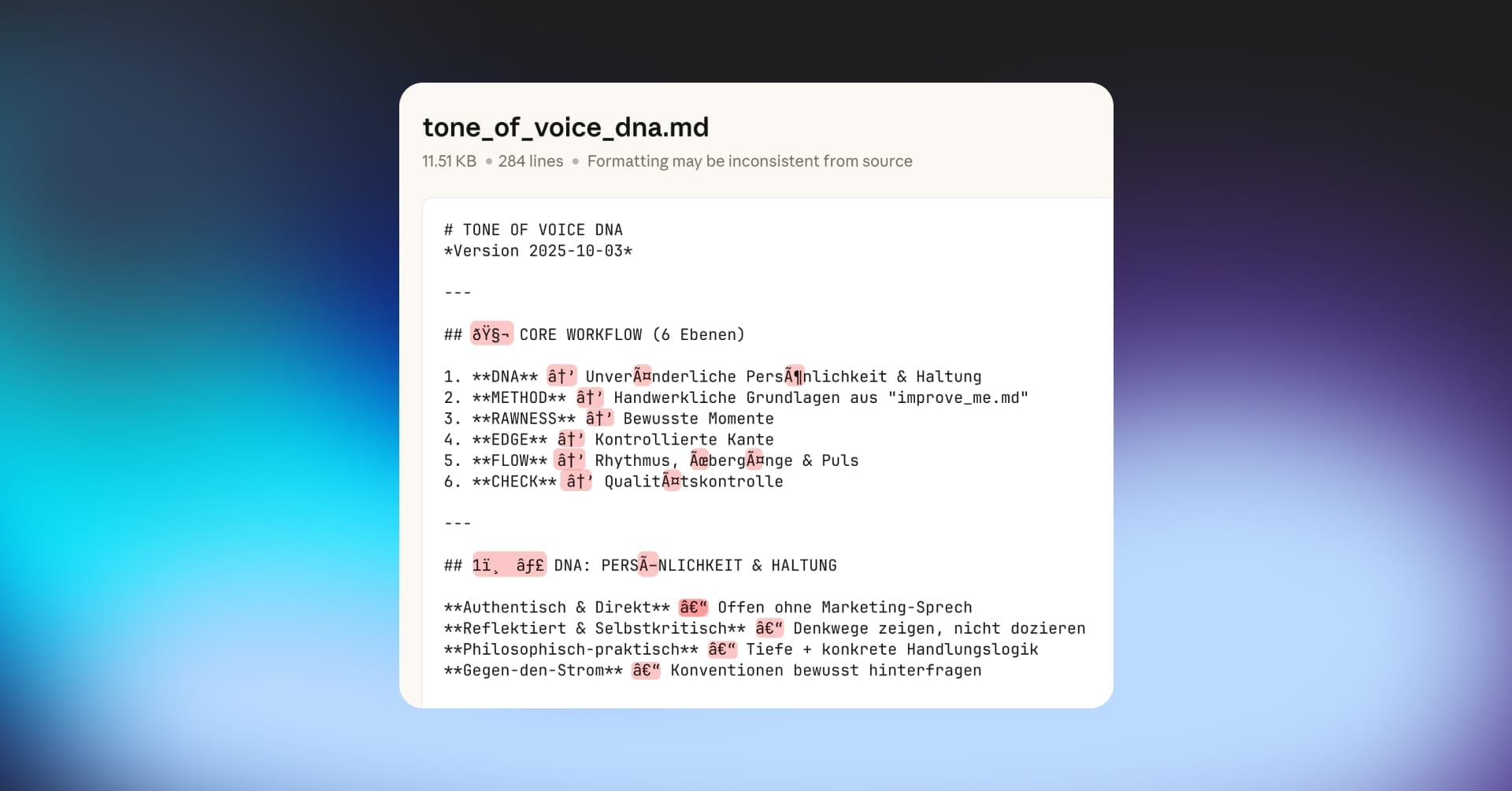 Markdown-Datei mit fehlerhaften Umlauten und Sonderzeichen – visuelles Beispiel für falsches Encoding und KI-Missverständnisse.