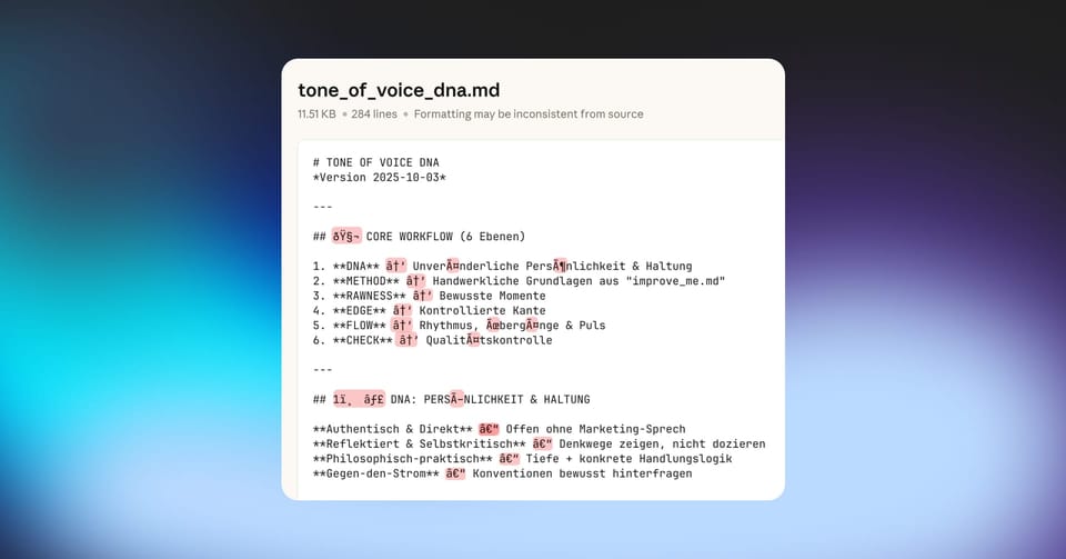 Markdown-Datei mit fehlerhaften Umlauten und Sonderzeichen – visuelles Beispiel für falsches Encoding und KI-Missverständnisse.